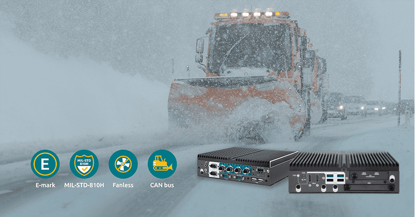 Face avant et arrière du PC embarqué durci ARTS-1550-M avec connecteurs M12, certifié E-Mark et MIL-STD-810H pour environnements extrêmes